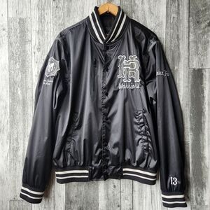 Headrush Black Varsity Bomber Jacket Embroidered Button Front Mens Large